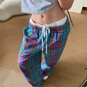 Color Block Plaid Draped Double Waist Casual Pants for Men and Women - Unisex Loose Wide Leg Style for Spring Summer Fashion