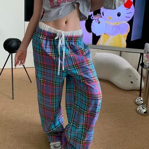Color Block Plaid Draped Double Waist Casual Pants for Men and Women - Unisex Loose Wide Leg Style for Spring Summer Fashion