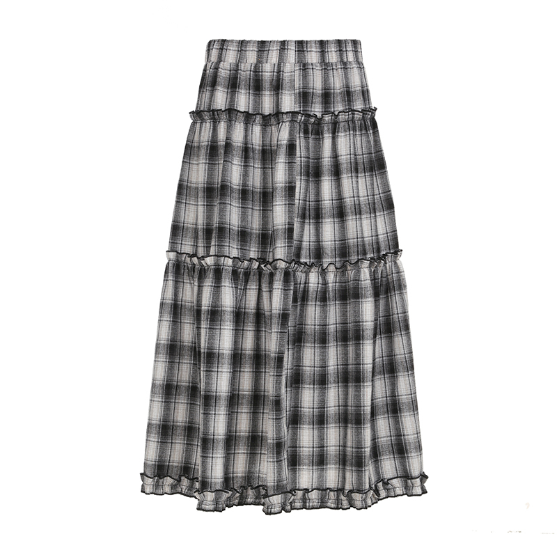 Color-Block Plaid Lace Half Skirt for Women - American College Style Vintage High Waist Versatile Long Skirt