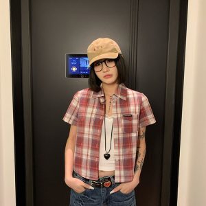 Color Block Plaid Short Sleeve Shirt for Women - American Vintage Loose Casual Top for Spring/Summer Sun Protection