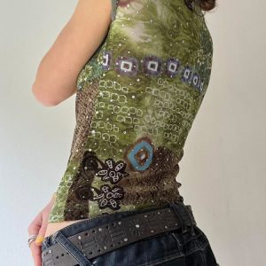 Color Block Printed Cuffed V-Neck T-Shirt for Women - Hot Girl Style, Personality Slim Fit Short Top, Y2K Fashion