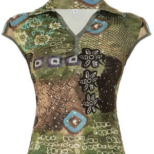 Color Block Printed Cuffed V-Neck T-Shirt for Women - Hot Girl Style, Personality Slim Fit Short Top, Y2K Fashion