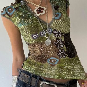 Color Block Printed Cuffed V-Neck T-Shirt for Women - Hot Girl Style, Personality Slim Fit Short Top, Y2K Fashion
