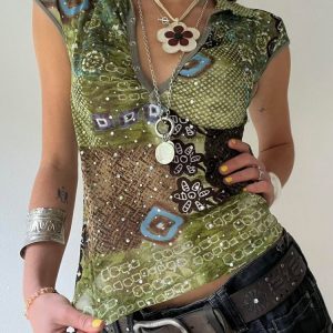 Color Block Printed Cuffed V-Neck T-Shirt for Women - Hot Girl Style, Personality Slim Fit Short Top, Y2K Fashion