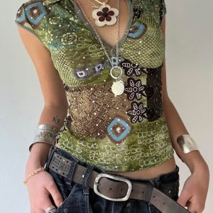 Color Block Printed Cuffed V-Neck T-Shirt for Women - Hot Girl Style, Personality Slim Fit Short Top, Y2K Fashion