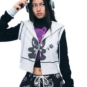 Color-Block Printed Slim-Fit Hooded Sweatshirt Cardigan Zip-Up Short Jacket for Women - Trendy Casual Layering Piece