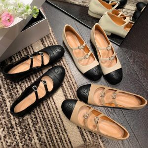 Color Block Round Toe Mary Jane Shoes with Double Diamond Buckle - French Camellia Flats in Little Chanel Style for Women