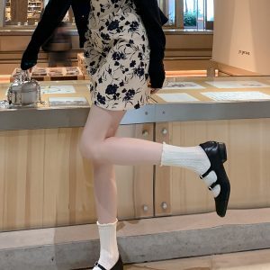 Color Block Round Toe Mary Jane Shoes with Double Diamond Buckle - French Camellia Flats in Little Chanel Style for Women