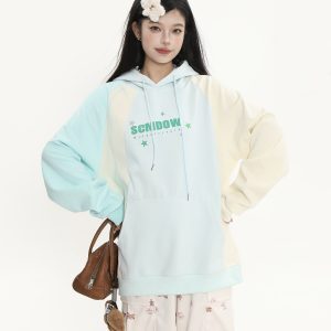Color Block Spliced Hoodie for Women - Sweet Girl Loose Fit Autumn Jacket in Korean Style