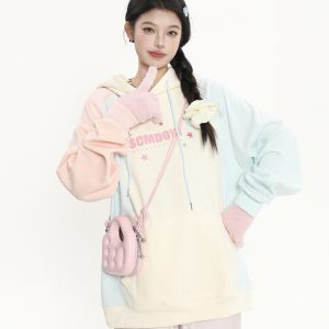 Color Block Spliced Hoodie for Women - Sweet Girl Loose Fit Autumn Jacket in Korean Style