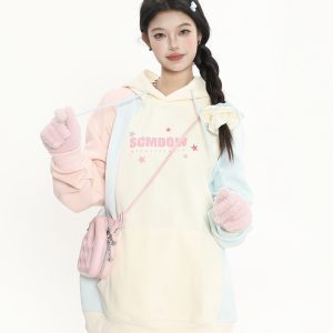 Color Block Spliced Hoodie for Women - Sweet Girl Loose Fit Autumn Jacket in Korean Style