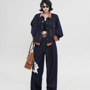 Color-Block Spliced Lapel Long Sleeve Denim Jacket for Women - Retro Casual Spring Top in Korean Style, Loose Fit