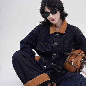 Color-Block Spliced Lapel Long Sleeve Denim Jacket for Women - Retro Casual Spring Top in Korean Style, Loose Fit