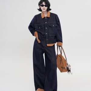 Color-Block Spliced Lapel Long Sleeve Denim Jacket for Women - Retro Casual Spring Top in Korean Style, Loose Fit