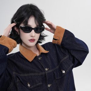 Color-Block Spliced Lapel Long Sleeve Denim Jacket for Women - Retro Casual Spring Top in Korean Style, Loose Fit