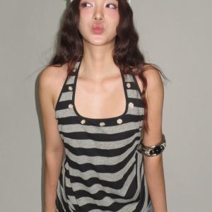 Color-Block Striped Halter Neck Vest for Women - Eyelet Hollow Low U-Neck Knitted Top - Casual Street Style Fashion