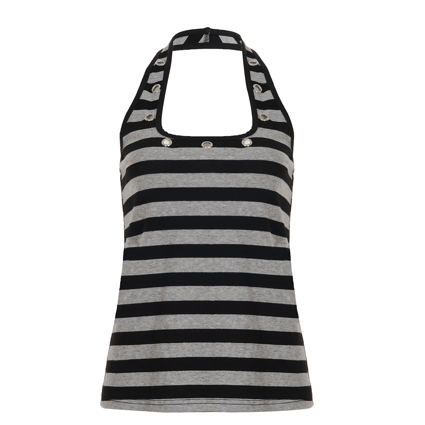 Color-Block Striped Halter Neck Vest for Women - Eyelet Hollow Low U-Neck Knitted Top - Casual Street Style Fashion