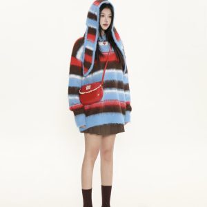 Color-Block Striped Hooded Pullover Sweater for Women - American Street Style Knit Top for Autumn Winter Fashion