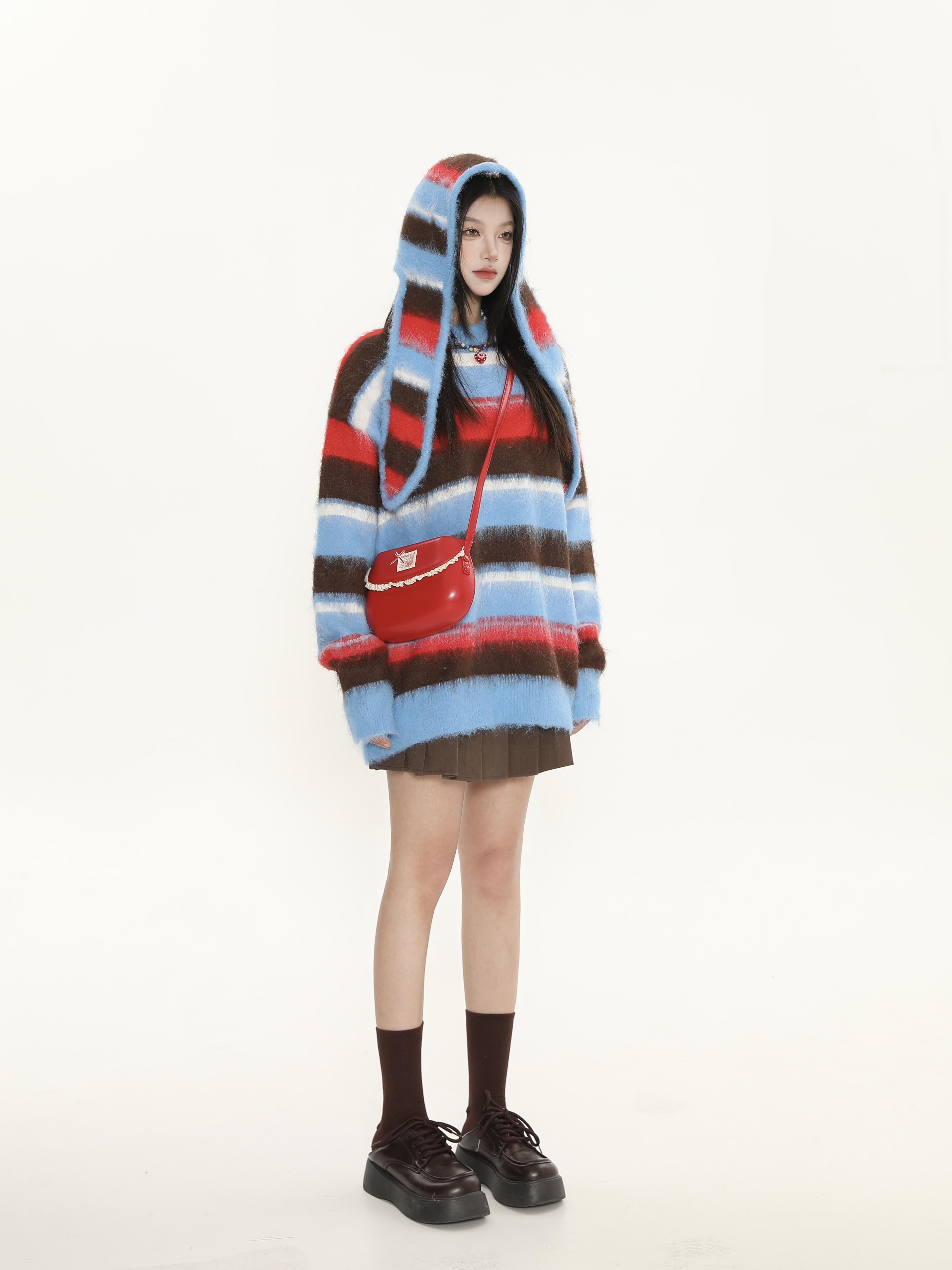 Color-Block Striped Hooded Pullover Sweater for Women - American Street Style Knit Top for Autumn Winter Fashion