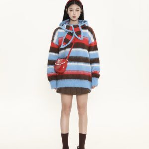 Color-Block Striped Hooded Pullover Sweater for Women - American Street Style Knit Top for Autumn Winter Fashion