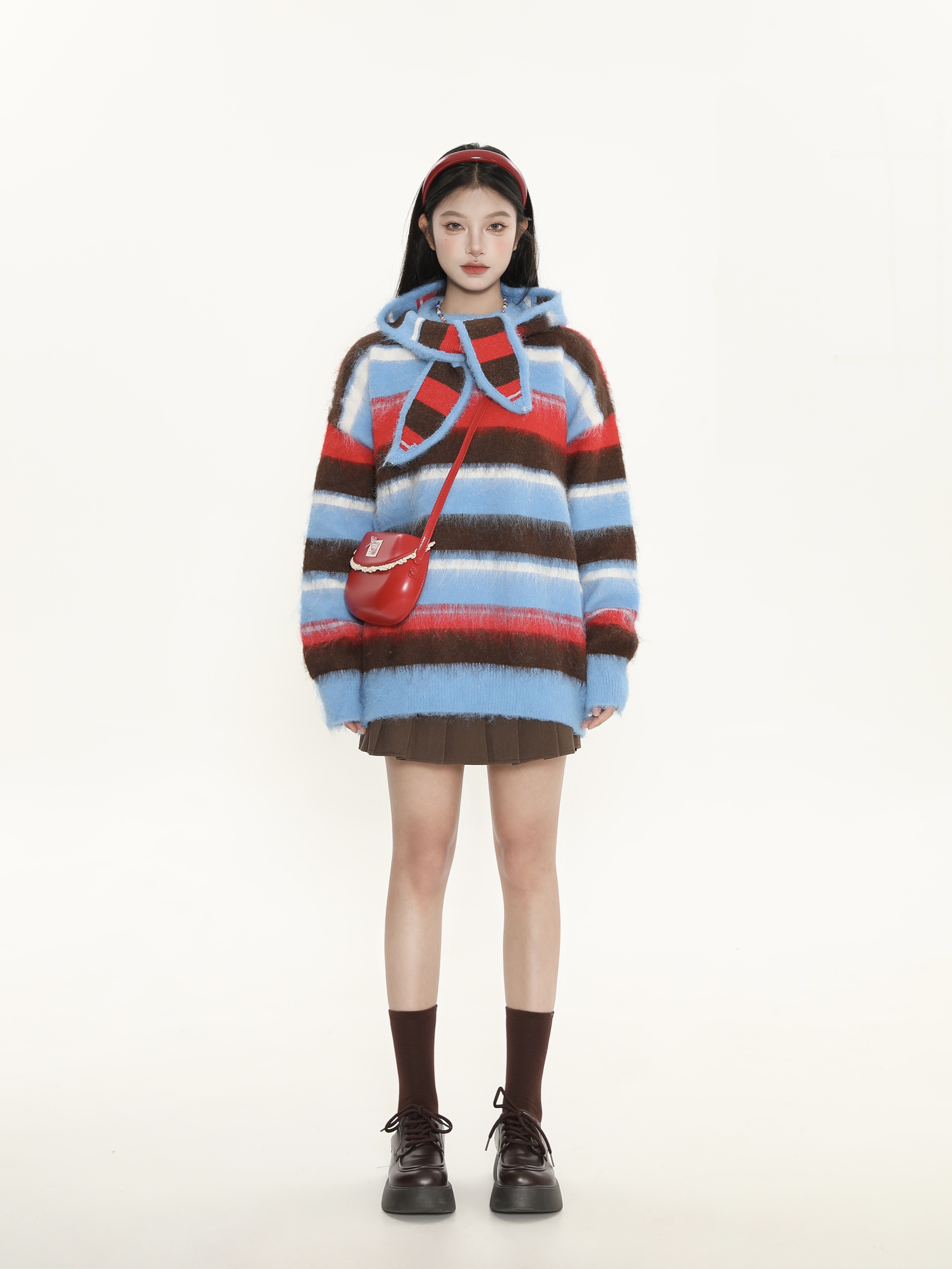 Color-Block Striped Hooded Pullover Sweater for Women - American Street Style Knit Top for Autumn Winter Fashion