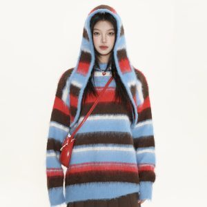 Color-Block Striped Hooded Pullover Sweater for Women - American Street Style Knit Top for Autumn Winter Fashion