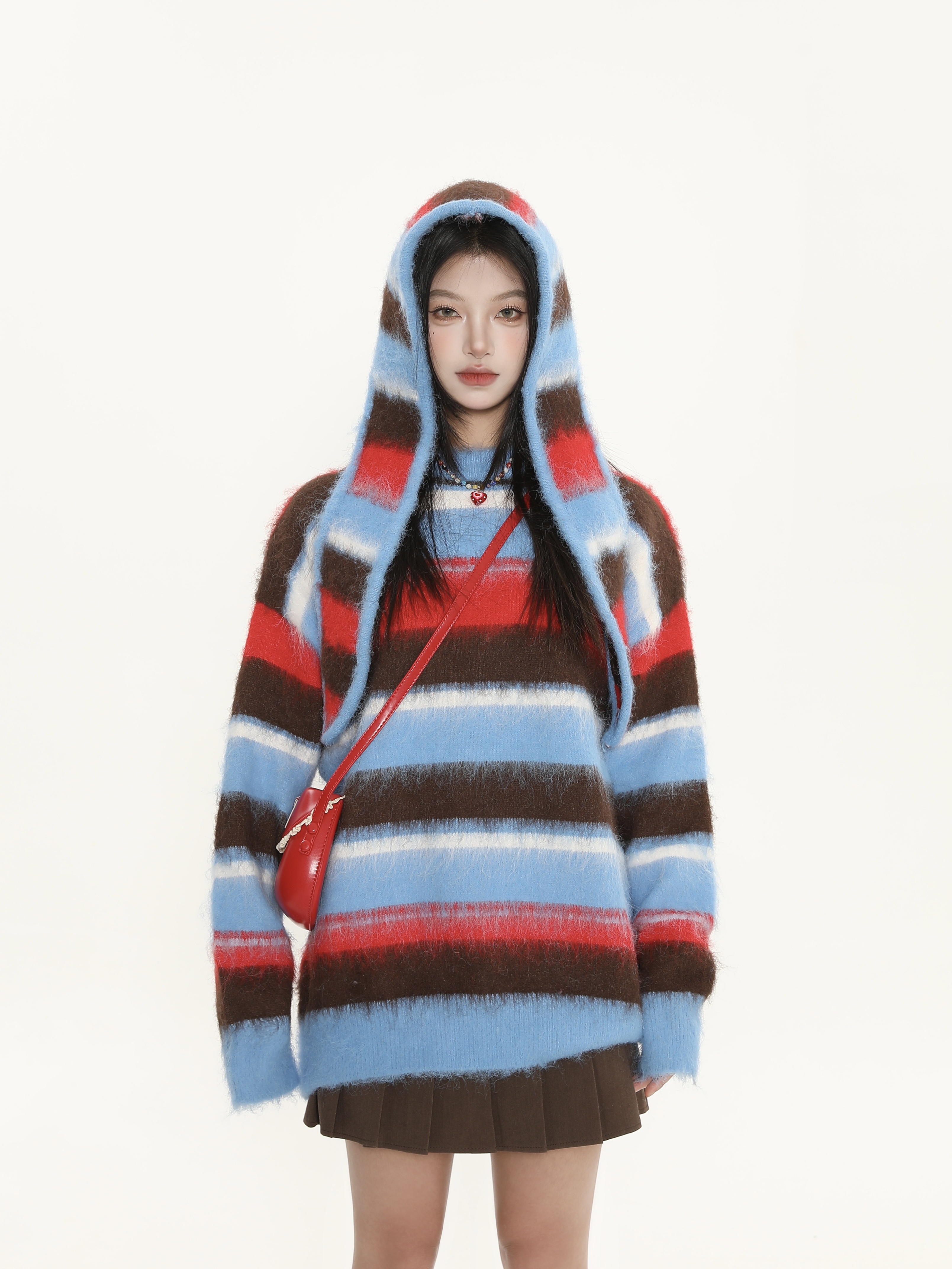 Color-Block Striped Hooded Pullover Sweater for Women - American Street Style Knit Top for Autumn Winter Fashion