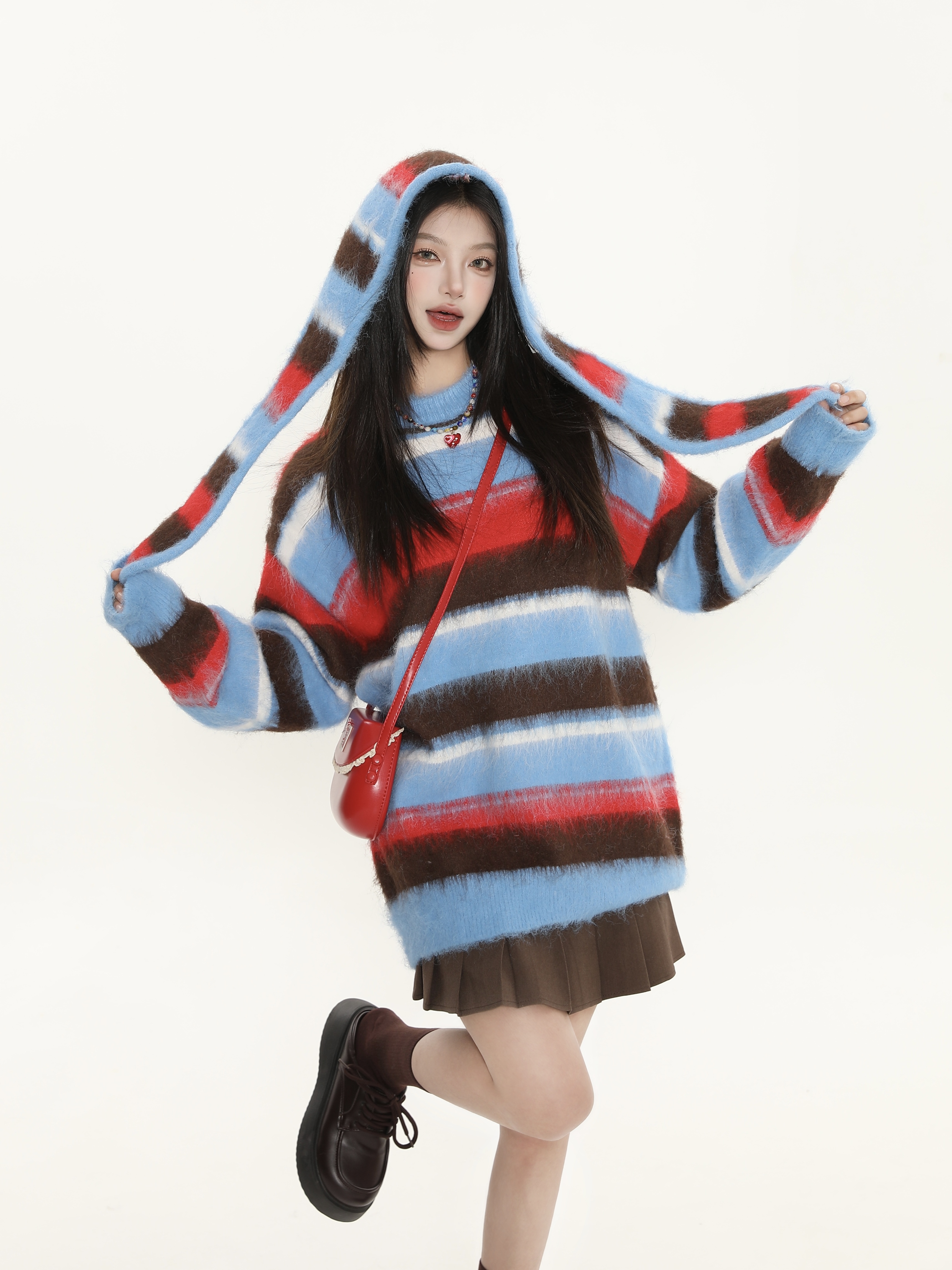 Color-Block Striped Hooded Pullover Sweater for Women - American Street Style Knit Top for Autumn Winter Fashion