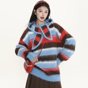 Color-Block Striped Hooded Pullover Sweater for Women - American Street Style Knit Top for Autumn Winter Fashion
