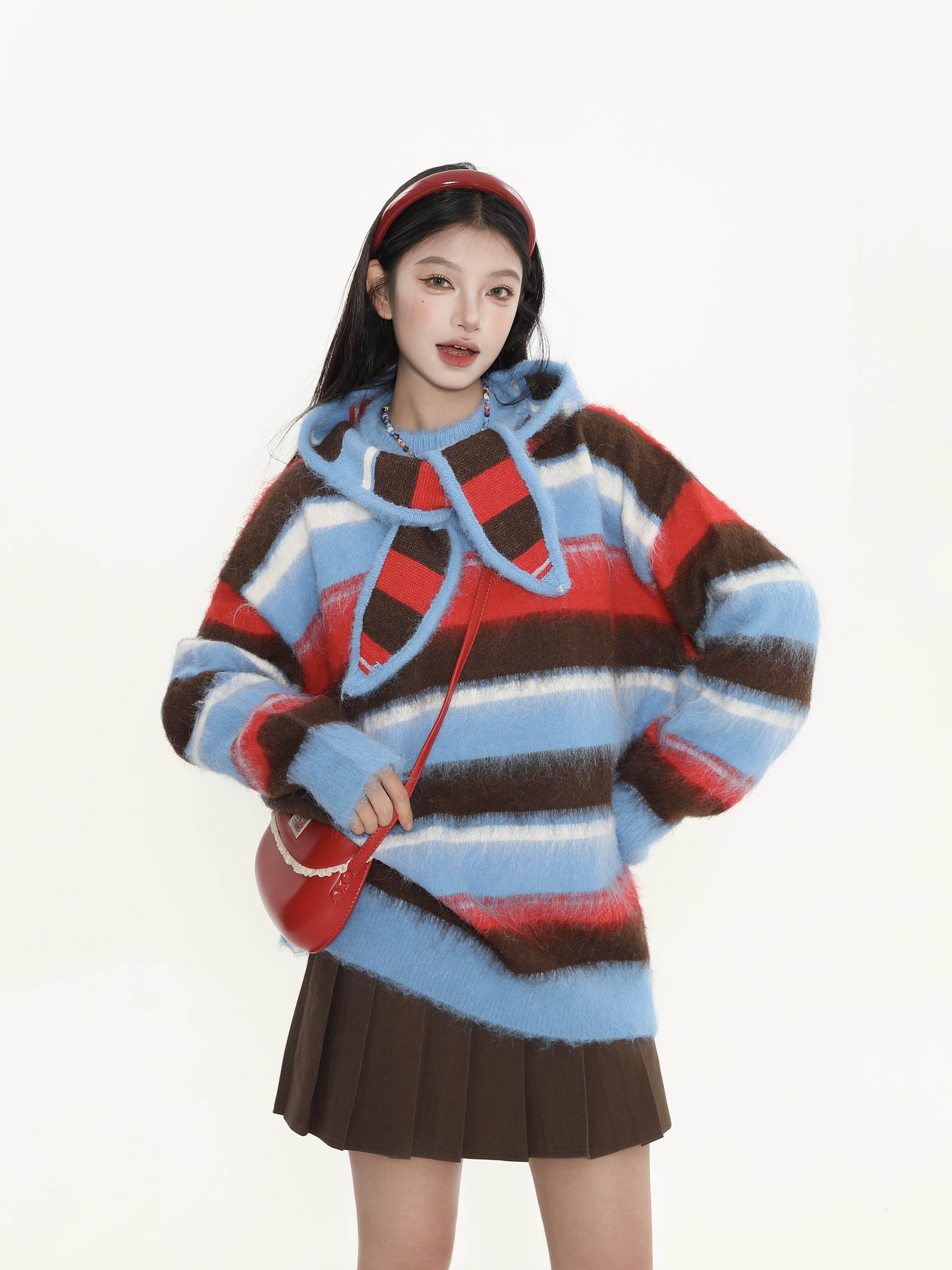 Color-Block Striped Hooded Pullover Sweater for Women - American Street Style Knit Top for Autumn Winter Fashion