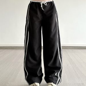Color-Block Striped Sports Casual Pants for Women - Loose Slimming Low-Waist Long Pants with Drawstring, American Street Style