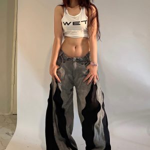 Color-Blocked American Retro Zipper Design Wide-Leg Denim Pants for Women - Street Fashion Loose Fit Trousers