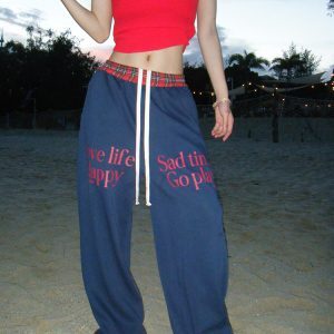 Color-Blocked Check Drawstring Straight-Leg Pants for Men and Women - American Retro Loose Casual Wide-Leg Long Trousers