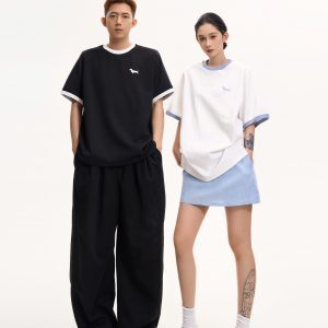 Color-Blocked Dog Embroidery Round Neck Short Sleeve T-Shirt for Women - Summer Loose Slimming Versatile Top in Korean Style