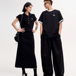 Color-Blocked Dog Embroidery Round Neck Short Sleeve T-Shirt for Women - Summer Loose Slimming Versatile Top in Korean Style