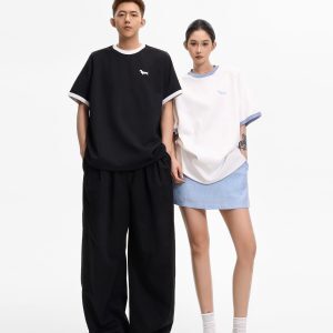 Color-Blocked Dog Embroidery Round Neck Short Sleeve T-Shirt for Women - Summer Loose Slimming Versatile Top in Korean Style