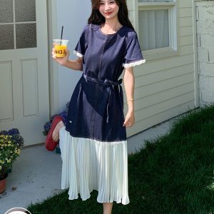 Color-Blocked Patchwork Denim Dress for Women - Summer Mermaid Long Dress with High-End Feel, Age-Reducing Style