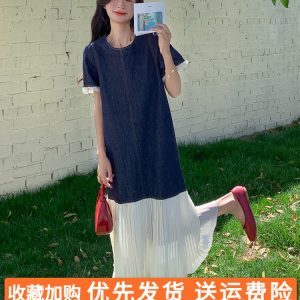 Color-Blocked Patchwork Denim Dress for Women - Summer Mermaid Long Dress with High-End Feel, Age-Reducing Style
