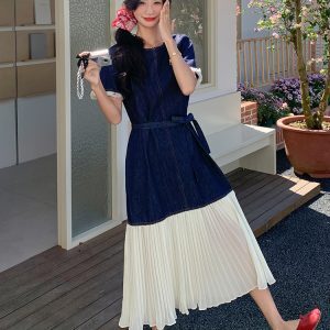 Color-Blocked Patchwork Denim Dress for Women - Summer Mermaid Long Dress with High-End Feel, Age-Reducing Style