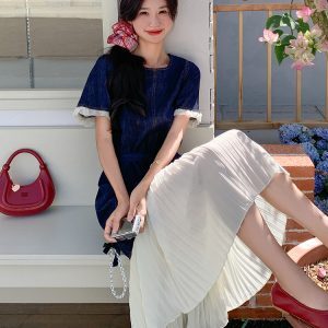 Color-Blocked Patchwork Denim Dress for Women - Summer Mermaid Long Dress with High-End Feel, Age-Reducing Style