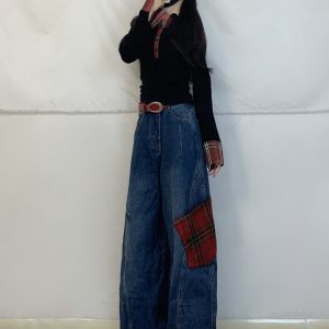 Color-Blocked Plaid Splicing American Jazz Dance Suit for Women with Curved Knife Jeans, Unique Design Top, Y2K Style