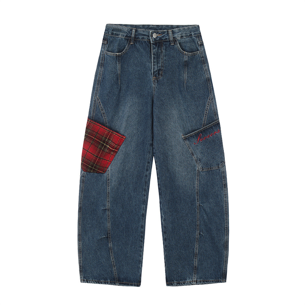 Color-Blocked Plaid Splicing American Jazz Dance Suit for Women with Curved Knife Jeans, Unique Design Top, Y2K Style