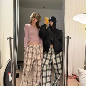 Color-Blocked Plaid Wide-Leg Straight Pants for Men and Women - 2024 American Retro Casual Draped Slim-Fit Long Trousers