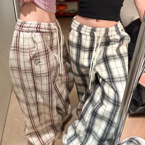 Color-Blocked Plaid Wide-Leg Straight Pants for Men and Women - 2024 American Retro Casual Draped Slim-Fit Long Trousers