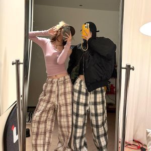 Color-Blocked Plaid Wide-Leg Straight Pants for Men and Women - 2024 American Retro Casual Draped Slim-Fit Long Trousers