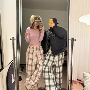 Color-Blocked Plaid Wide-Leg Straight Pants for Men and Women - 2024 American Retro Casual Draped Slim-Fit Long Trousers
