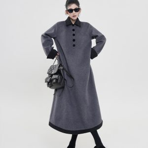 Color-Blocked Polo Collar Long Sleeve Dress for Women - Thickened Winter Korean Style Loose Warm Dress