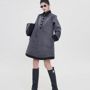 Color-Blocked Polo Collar Long Sleeve Dress for Women - Thickened Winter Korean Style Loose Warm Dress
