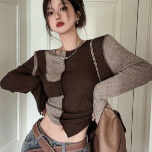 Color-Blocked Short Top for Women - European Wasteland Style, Y2K Aesthetic, K-Pop Festival Outfit, Jazz Knitted Layer