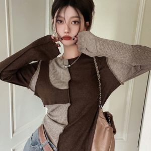 Color-Blocked Short Top for Women - European Wasteland Style, Y2K Aesthetic, K-Pop Festival Outfit, Jazz Knitted Layer